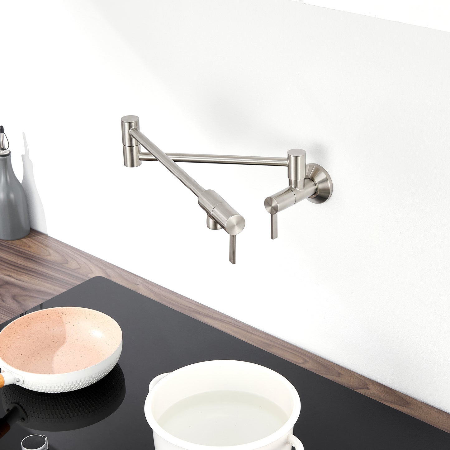 KTS27-TB Contemporary Wall-Mounted Pot Filler with 2 Handles in Brushed Nickel