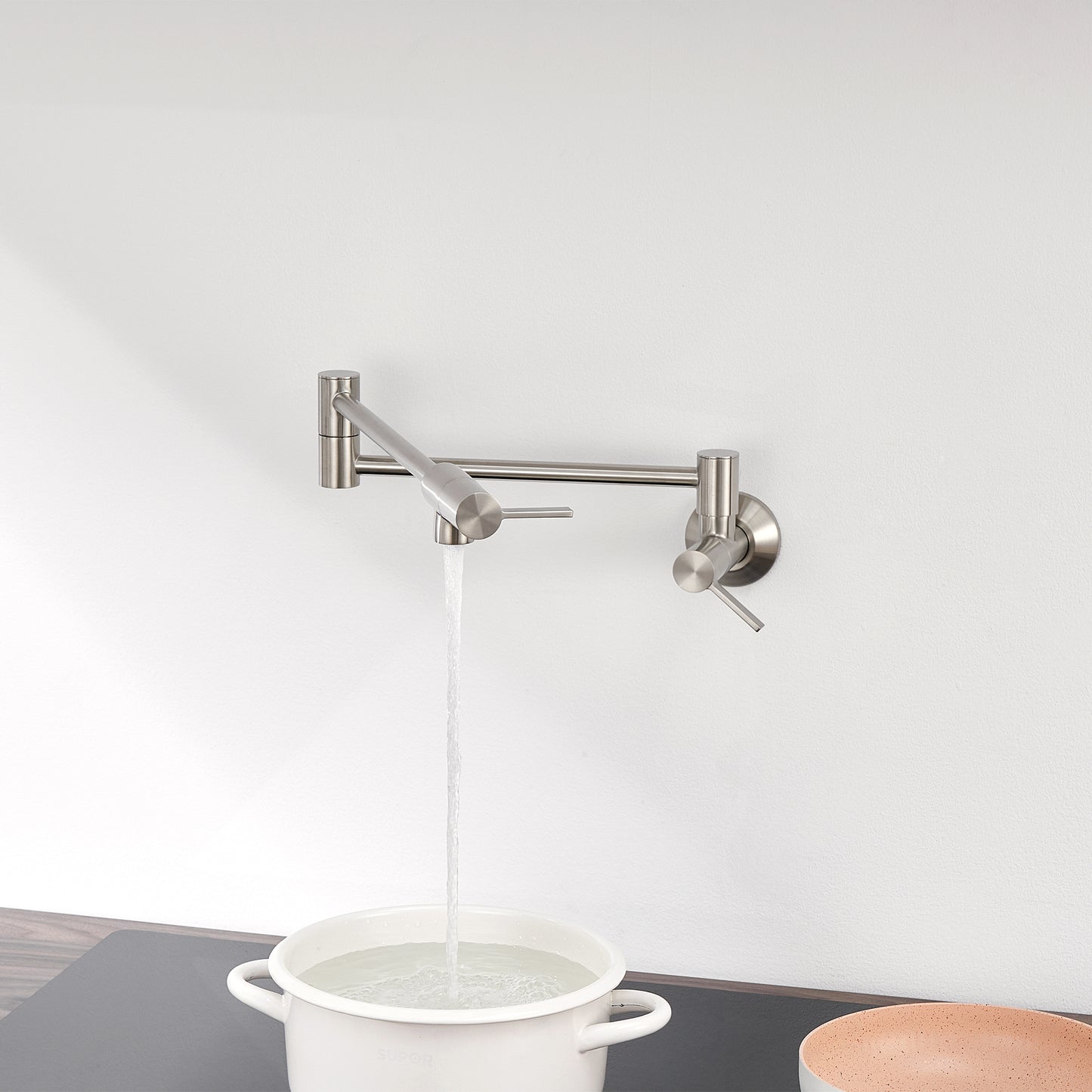 KTS27-TB Contemporary Wall-Mounted Pot Filler with 2 Handles in Brushed Nickel