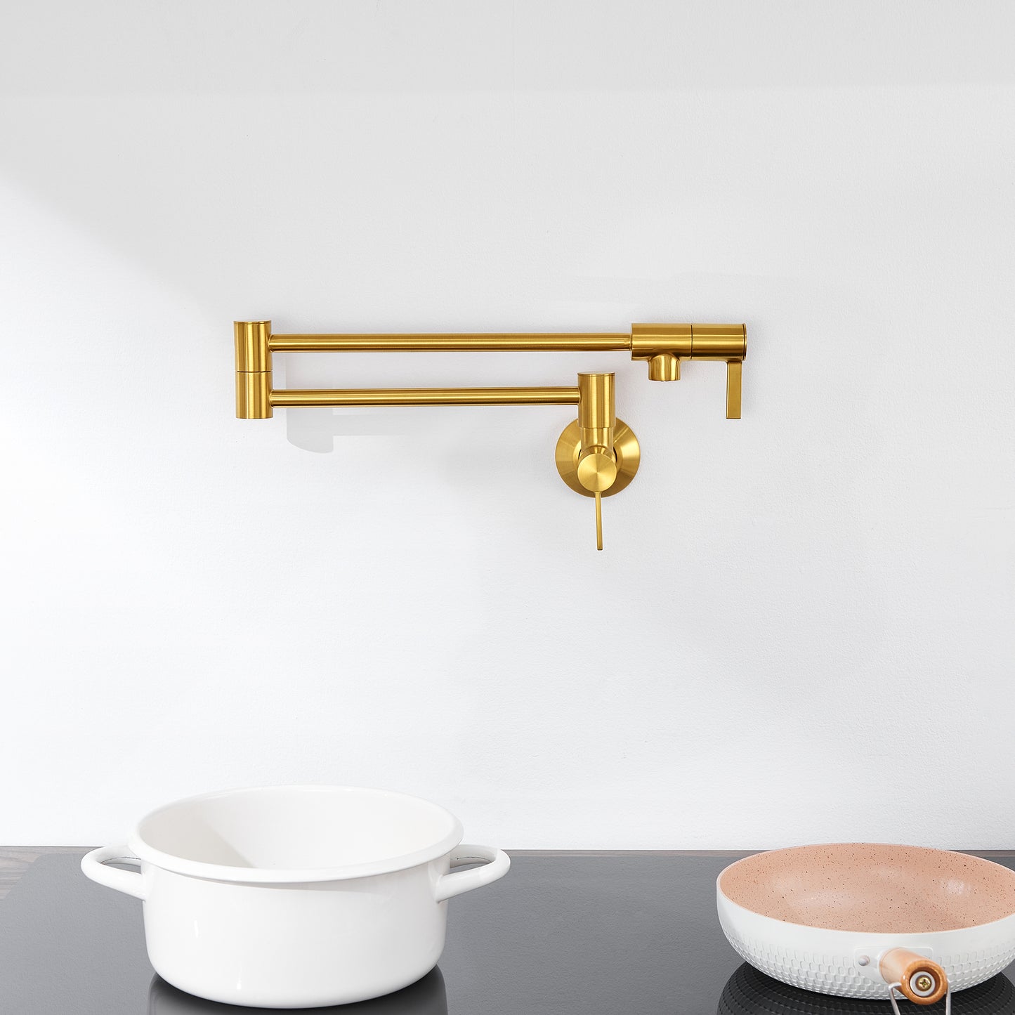 KTS27-TG Contemporary Wall-Mounted Pot Filler with 2 Handles in Brushed Gold