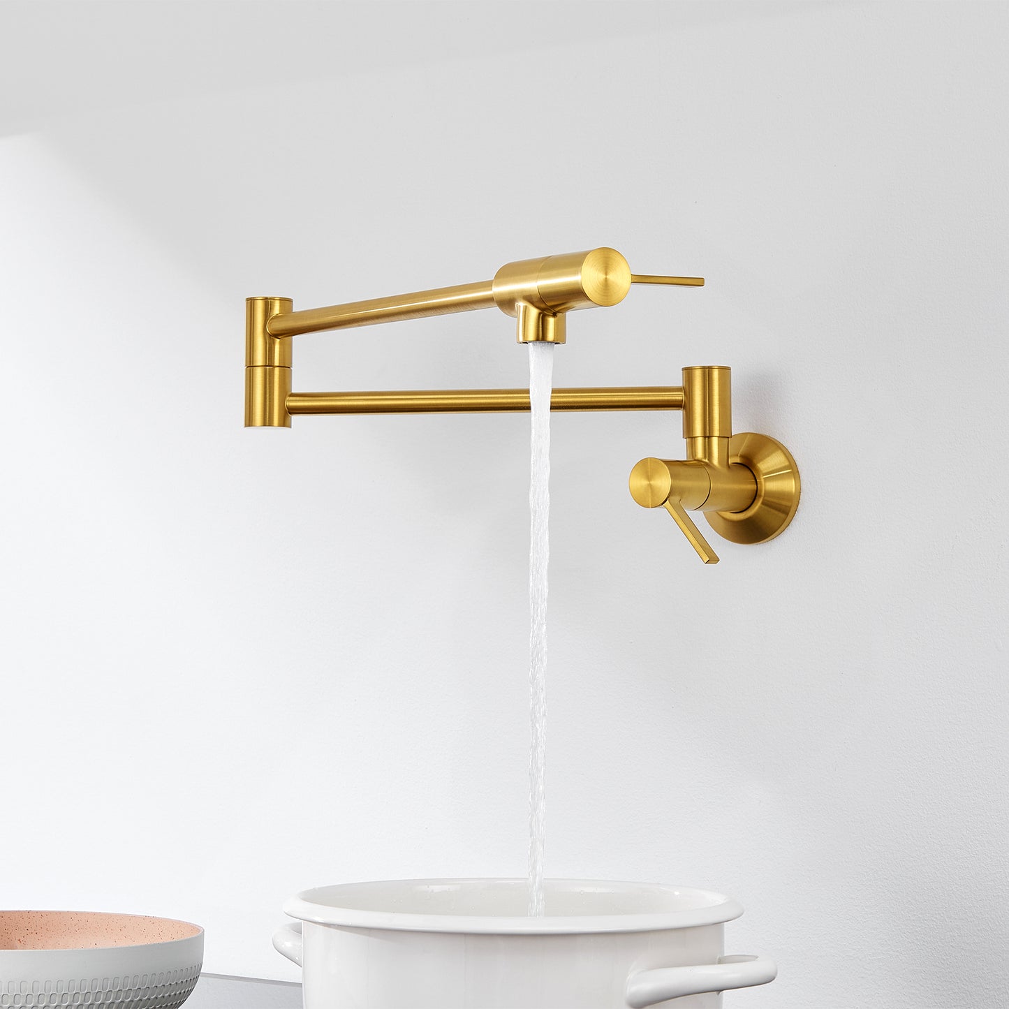 KTS27-TG Contemporary Wall-Mounted Pot Filler with 2 Handles in Brushed Gold