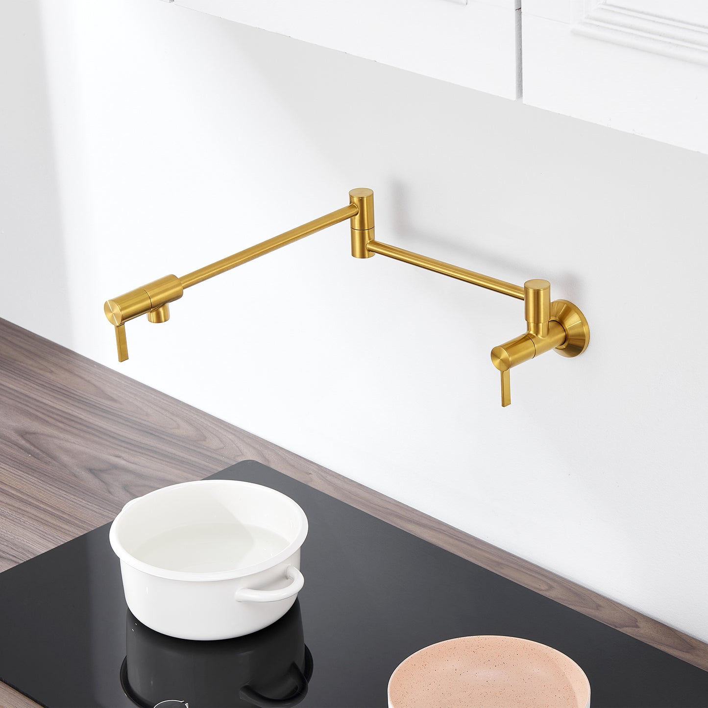 KTS27-TG Contemporary Wall-Mounted Pot Filler with 2 Handles in Brushed Gold