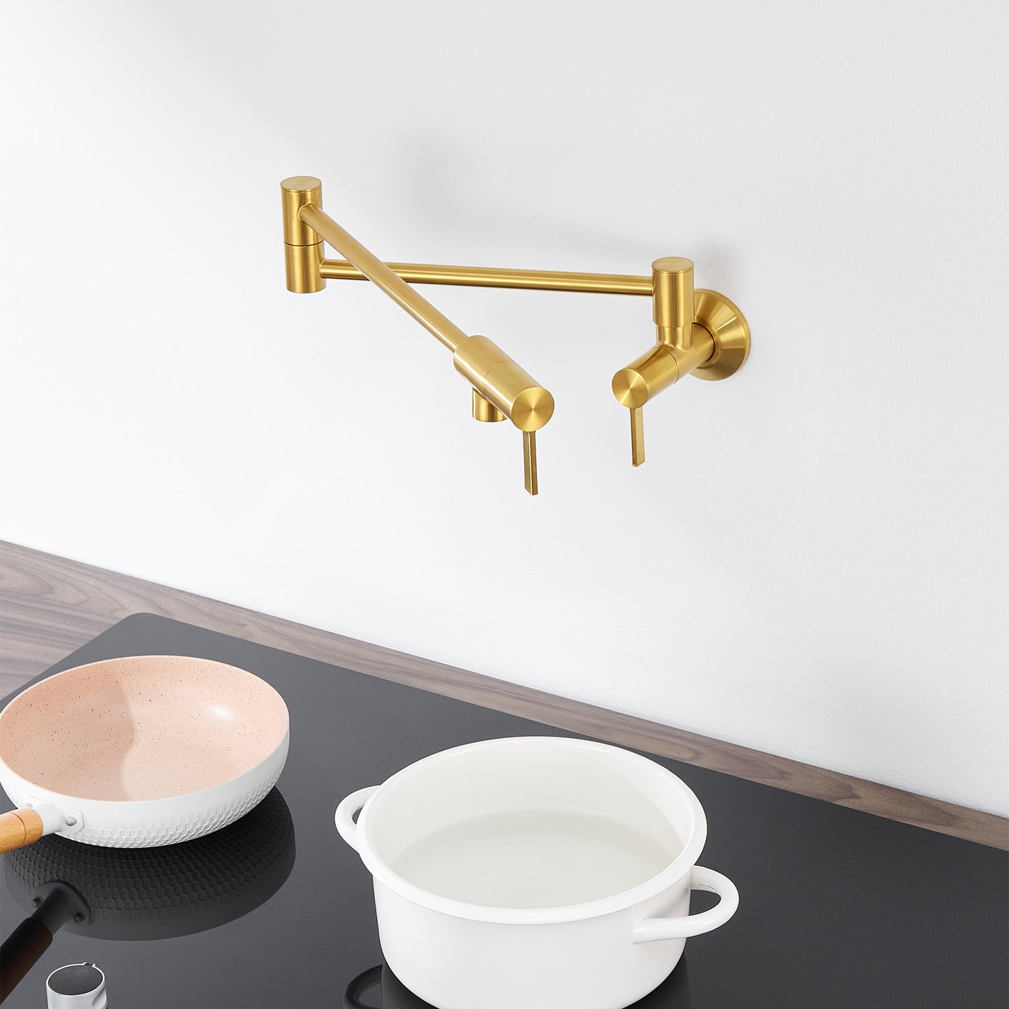 KTS27-TG Contemporary Wall-Mounted Pot Filler with 2 Handles in Brushed Gold