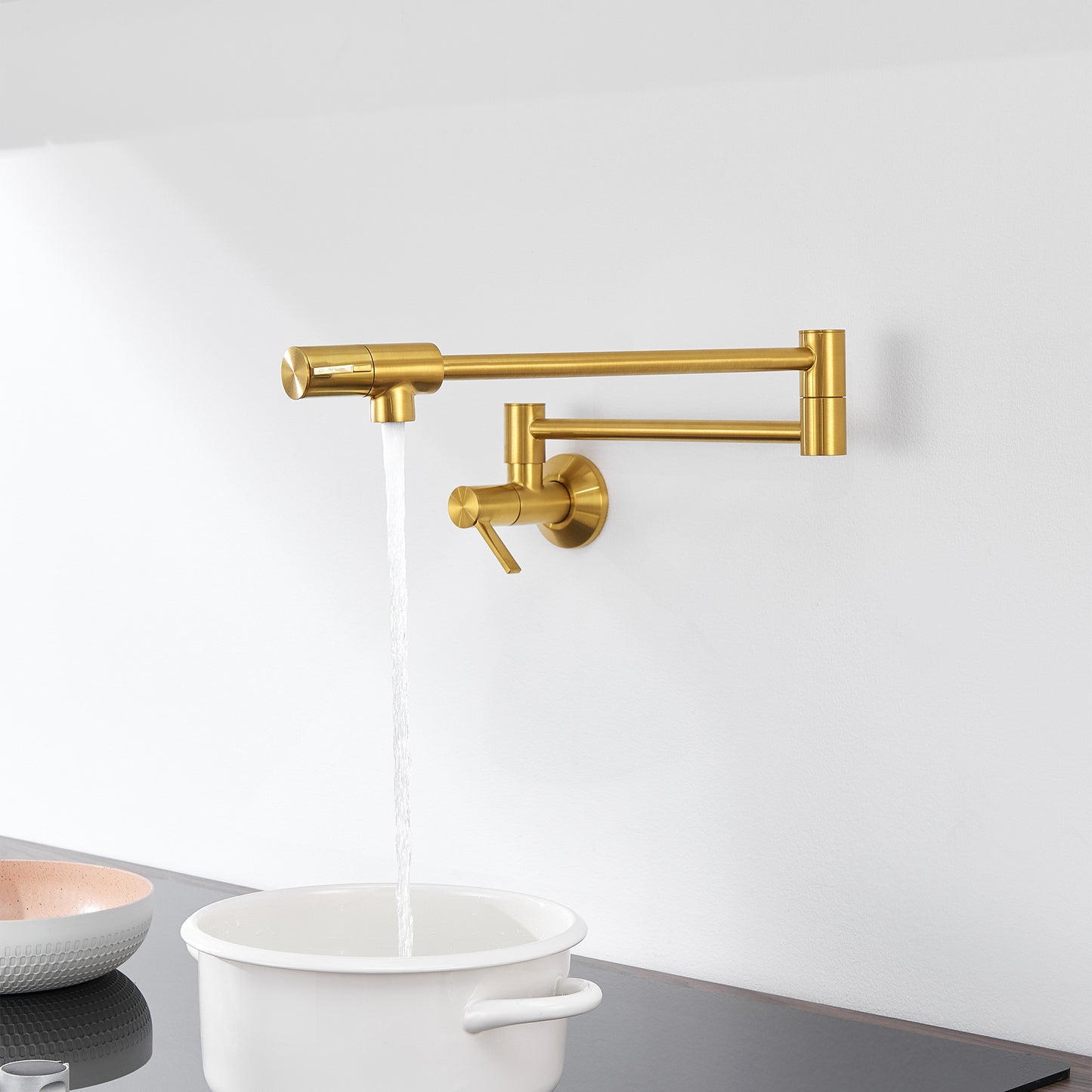 KTS27-TG Contemporary Wall-Mounted Pot Filler with 2 Handles in Brushed Gold