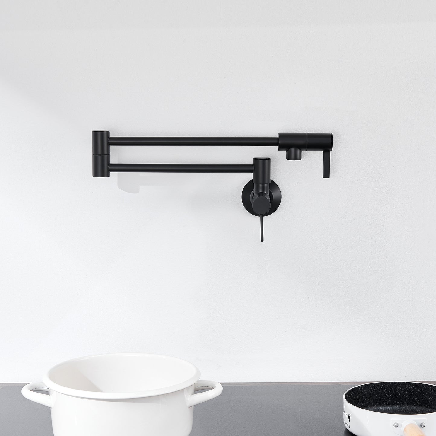KTS27-TM Contemporary Wall-Mounted Pot Filler with 2 Handles in Matte Black