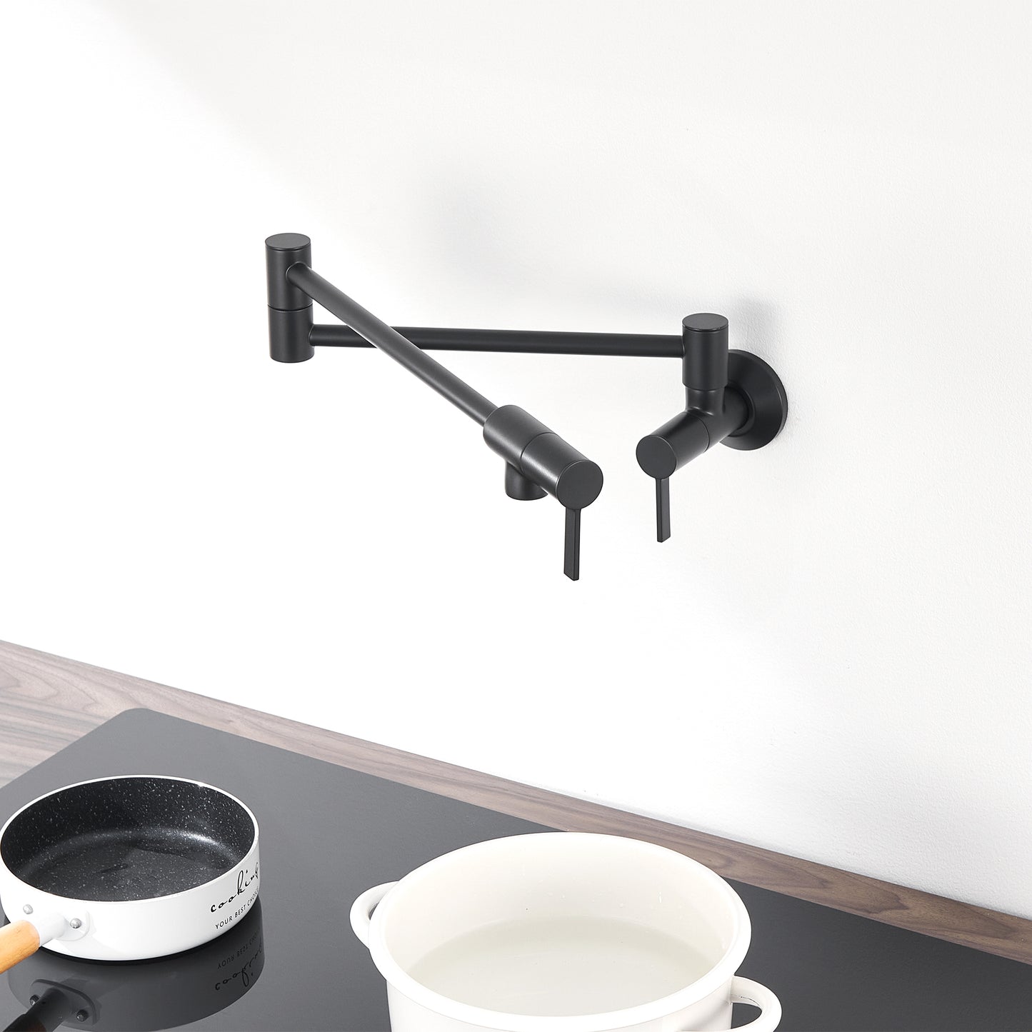 KTS27-TM Contemporary Wall-Mounted Pot Filler with 2 Handles in Matte Black