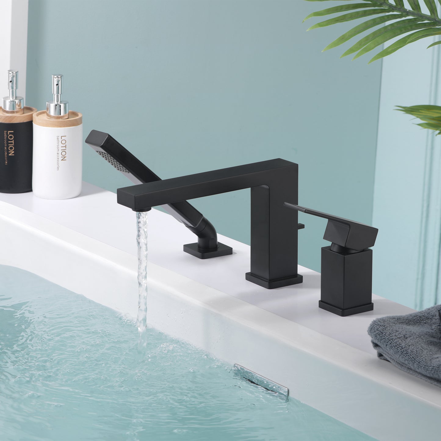 RTF17-TM Single-Handle Deck-Mount Roman Tub Faucet with Hand Shower in Matte Black