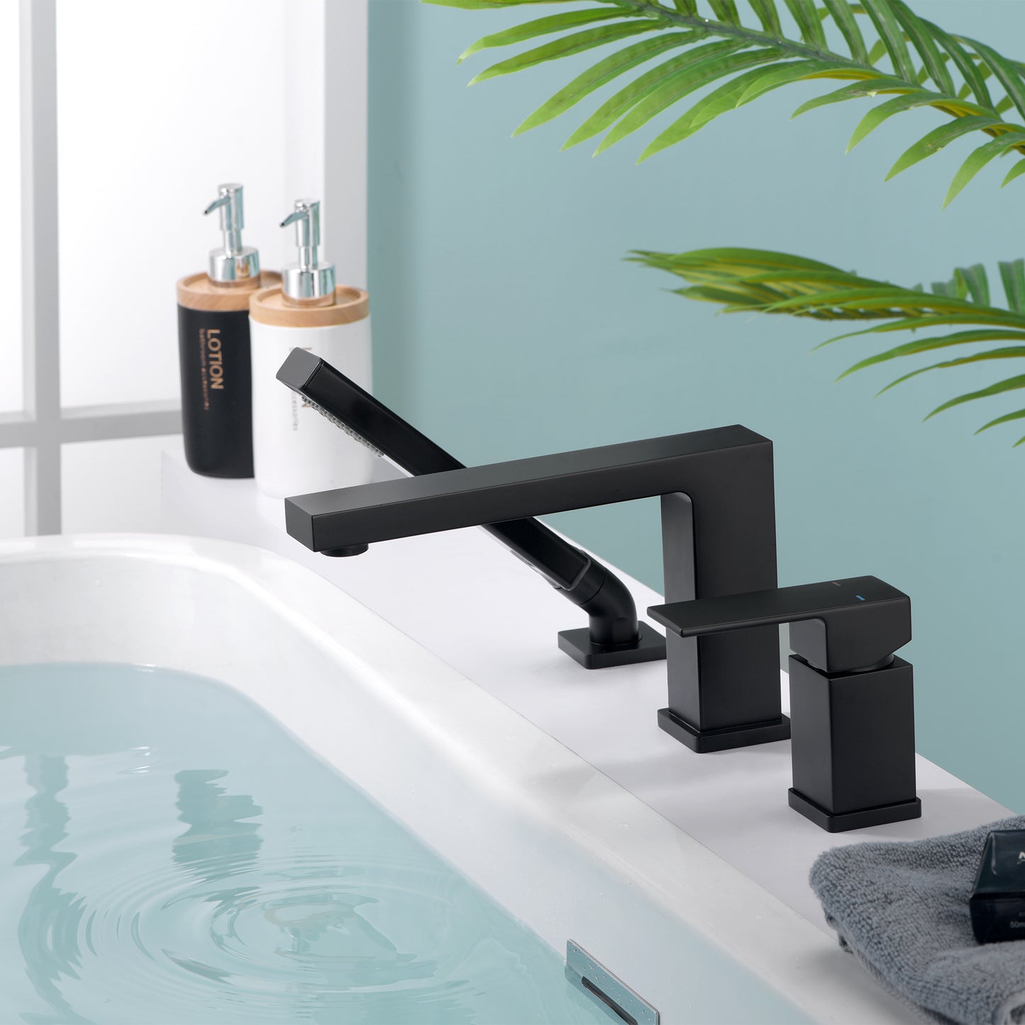 RTF17-TM Single-Handle Deck-Mount Roman Tub Faucet with Hand Shower in Matte Black
