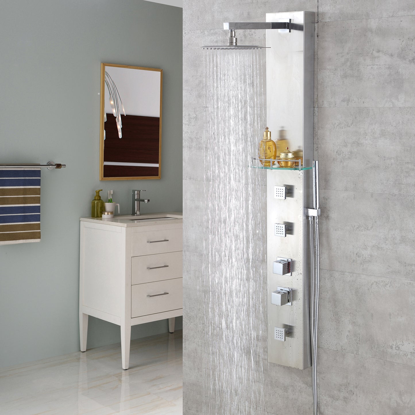 SP21-CEC 55 in. 3-Jet Full Body Thermostatic Shower System Panel with Rainfall Shower Head Hand Shower in Stainless Steel