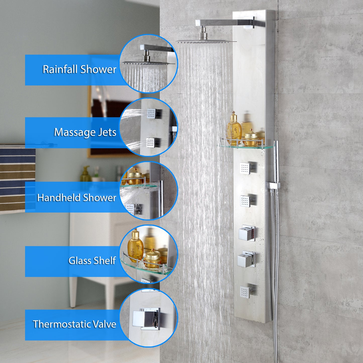 SP21-CEC 55 in. 3-Jet Full Body Thermostatic Shower System Panel with Rainfall Shower Head Hand Shower in Stainless Steel