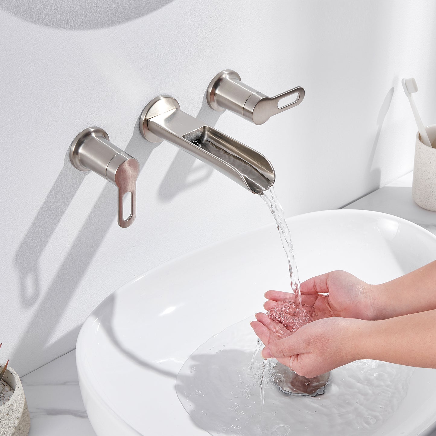 VividFall WMD16-TB 2-Handle Wall Mounted Bathroom Faucet with Valve in Brushed Nickel