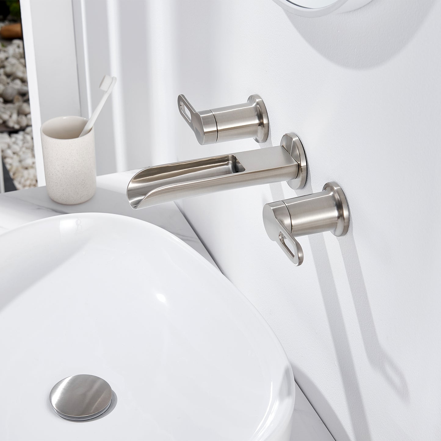 VividFall WMD16-TB 2-Handle Wall Mounted Bathroom Faucet with Valve in Brushed Nickel