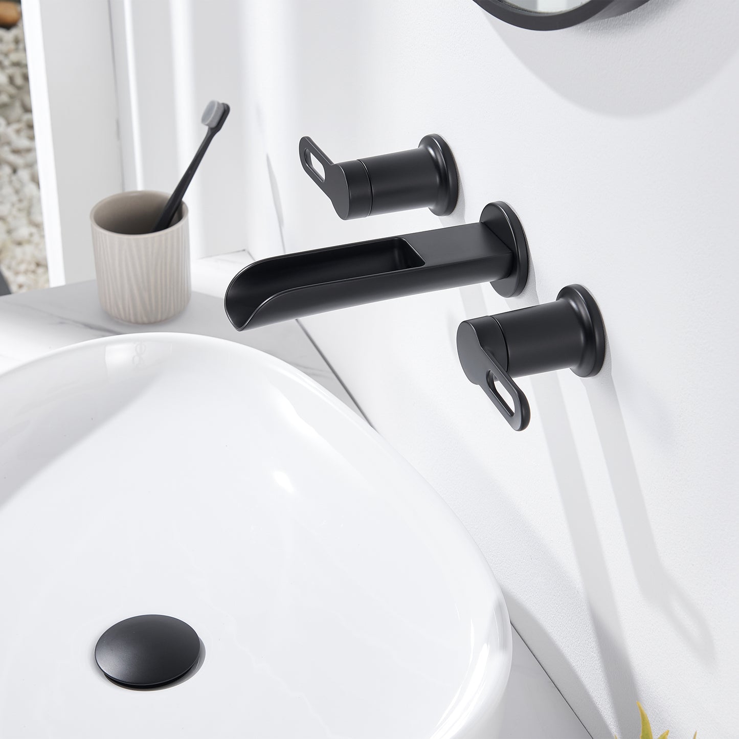 VividFall WMD16-TM 2-Handle Wall Mounted Bathroom Faucet with Valve in Matte Black