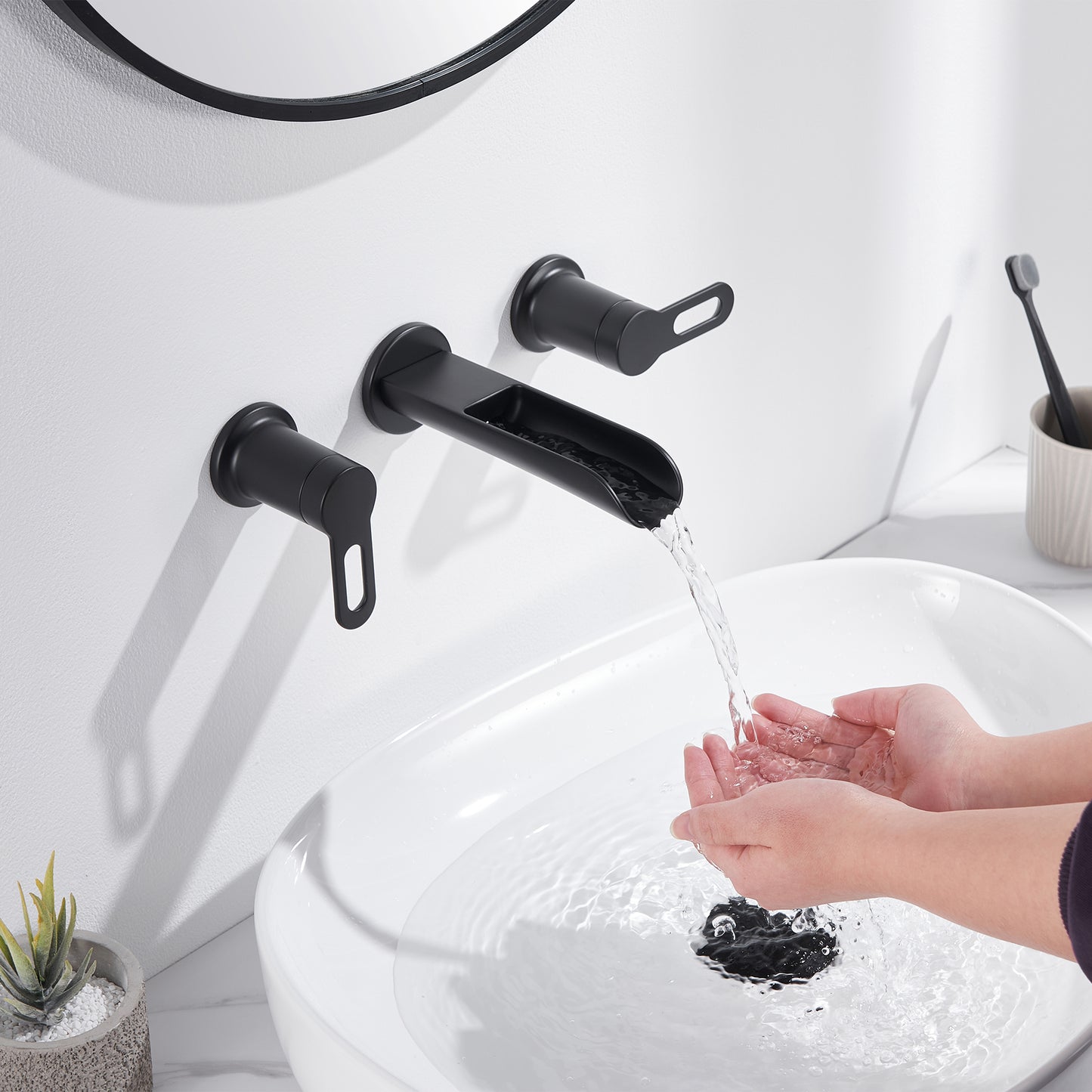VividFall WMD16-TM 2-Handle Wall Mounted Bathroom Faucet with Valve in Matte Black