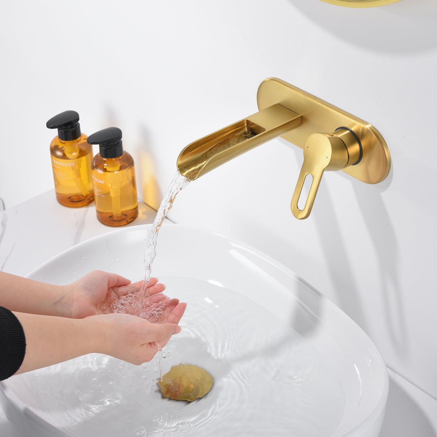 VividFall WMS16-TG 1-Handle Wall Mounted Bathroom Faucet with Valve in Brushed Gold