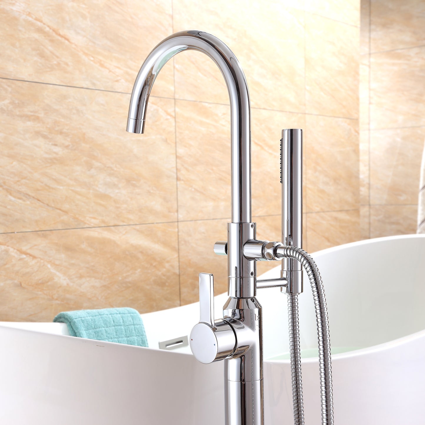 FTF01-TC Modern Freestanding Single-Handle Floor-Mount Roman Tub Faucet Filler with Hand Shower in Chrome