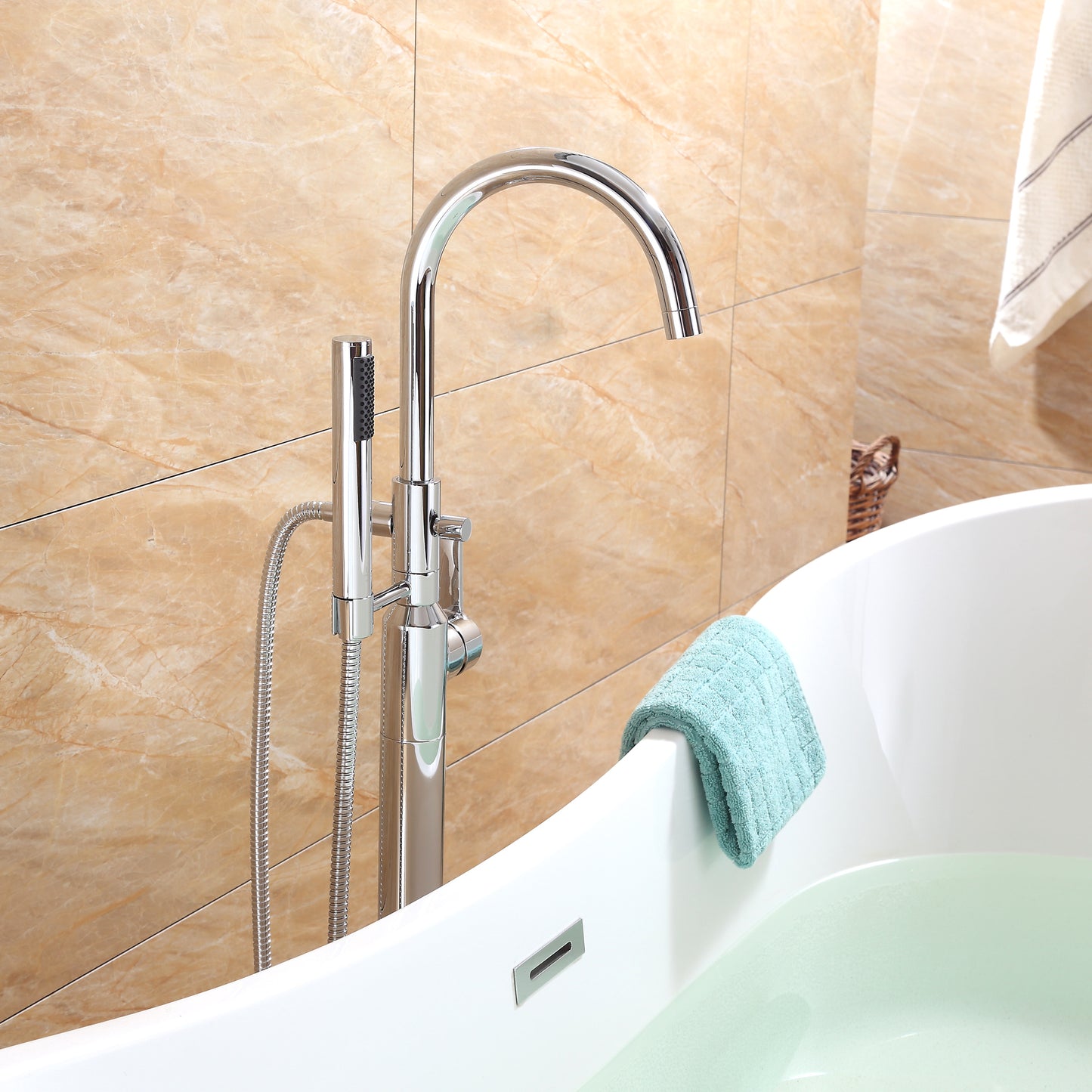 FTF01-TC Modern Freestanding Single-Handle Floor-Mount Roman Tub Faucet Filler with Hand Shower in Chrome