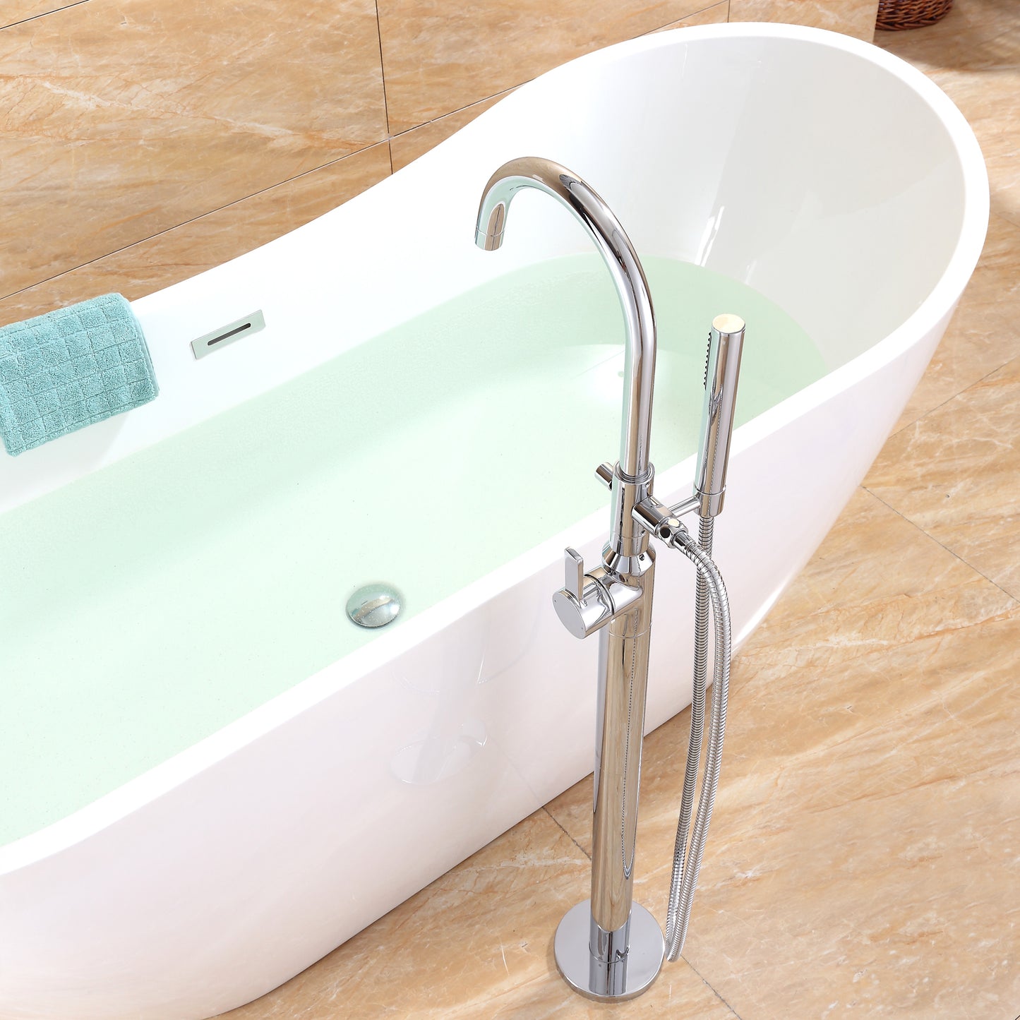 FTF01-TC Modern Freestanding Single-Handle Floor-Mount Roman Tub Faucet Filler with Hand Shower in Chrome