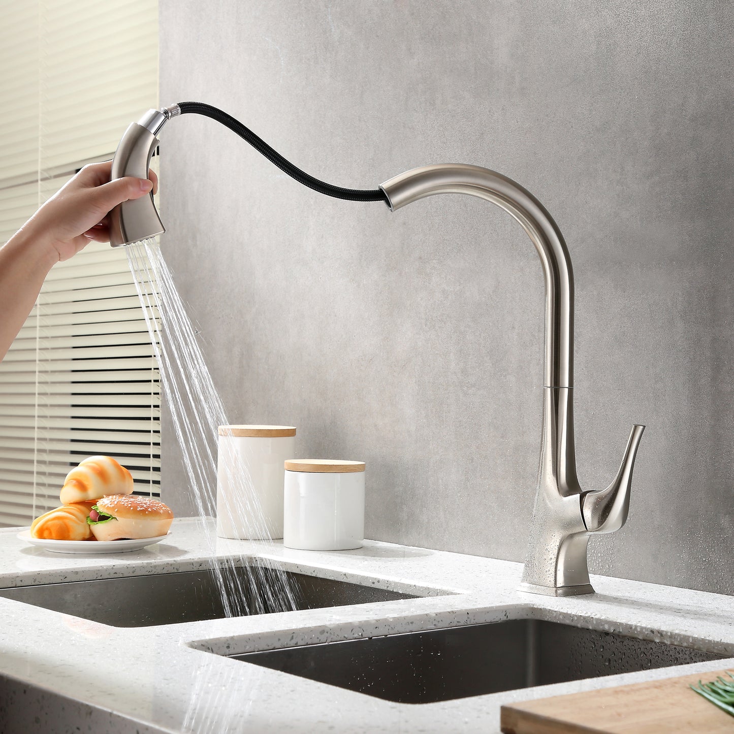 KTS20-TB Single-Handle Pull-Down Sprayer Kitchen Faucet with 2-Function Spray Head 359 in Brushed Nickel