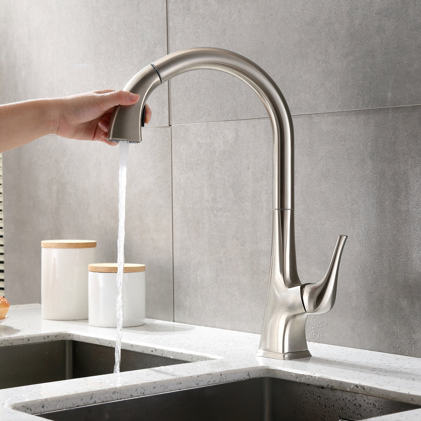 KTS20-TB Single-Handle Pull-Down Sprayer Kitchen Faucet with 2-Function Spray Head 359 in Brushed Nickel
