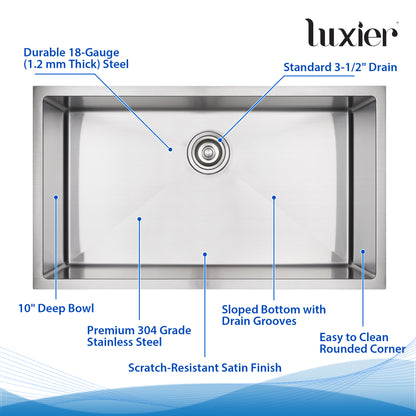 BHS30-18R 30 in. Undermount Single Bowl 18-Gauge Stainless Steel Kitchen Sink with R10