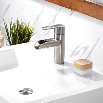 VividFall BSH16-SB Waterfall Single Hole Single Handle Bathroom Vessel Sink Faucet with Drain in Brushed Nickel
