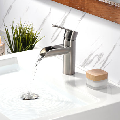 VividFall BSH16-SB Waterfall Single Hole Single Handle Bathroom Vessel Sink Faucet with Drain in Brushed Nickel
