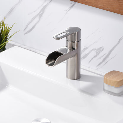 VividFall BSH16-SB Waterfall Single Hole Single Handle Bathroom Vessel Sink Faucet with Drain in Brushed Nickel