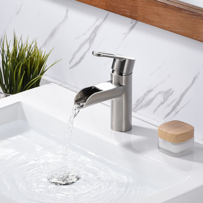 VividFall BSH16-SB Waterfall Single Hole Single Handle Bathroom Vessel Sink Faucet with Drain in Brushed Nickel