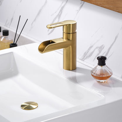 VividFall BSH16-SG Waterfall Single Hole Single Handle Bathroom Vessel Sink Faucet with Drain in Brushed Gold