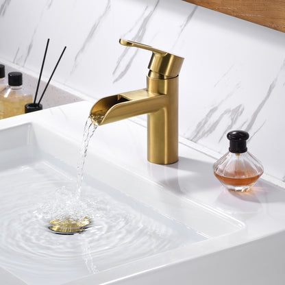 VividFall BSH16-SG Waterfall Single Hole Single Handle Bathroom Vessel Sink Faucet with Drain in Brushed Gold
