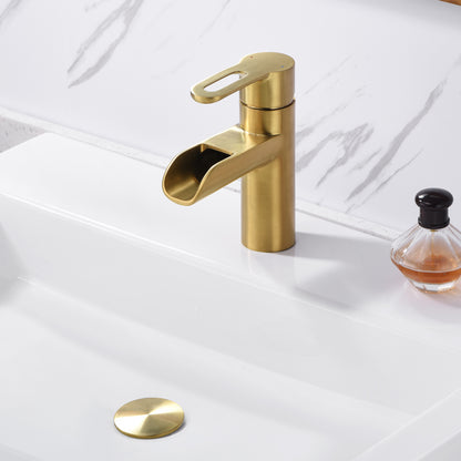 VividFall BSH16-SG Waterfall Single Hole Single Handle Bathroom Vessel Sink Faucet with Drain in Brushed Gold