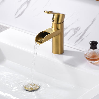 VividFall BSH16-SG Waterfall Single Hole Single Handle Bathroom Vessel Sink Faucet with Drain in Brushed Gold