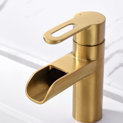 VividFall BSH16-SG Waterfall Single Hole Single Handle Bathroom Vessel Sink Faucet with Drain in Brushed Gold