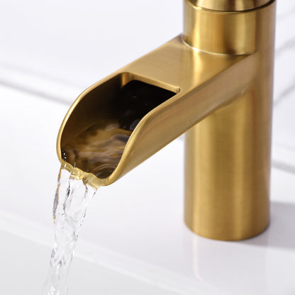 VividFall BSH16-SG Waterfall Single Hole Single Handle Bathroom Vessel Sink Faucet with Drain in Brushed Gold