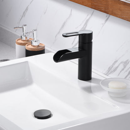 VividFall BSH16-SM Waterfall Single Hole Single Handle Bathroom Vessel Sink Faucet with Drain in Matte Black