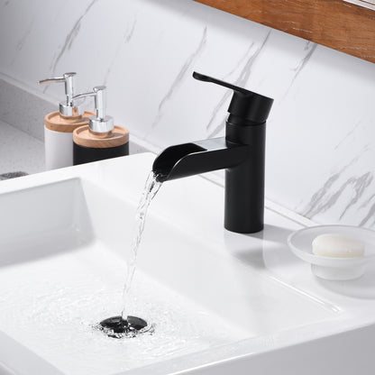 VividFall BSH16-SM Waterfall Single Hole Single Handle Bathroom Vessel Sink Faucet with Drain in Matte Black
