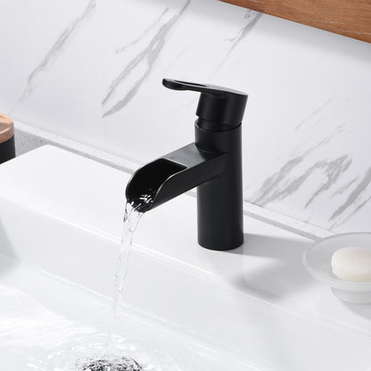VividFall BSH16-SM Waterfall Single Hole Single Handle Bathroom Vessel Sink Faucet with Drain in Matte Black
