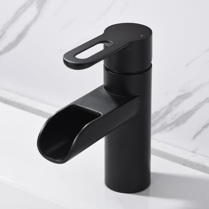 VividFall BSH16-SM Waterfall Single Hole Single Handle Bathroom Vessel Sink Faucet with Drain in Matte Black