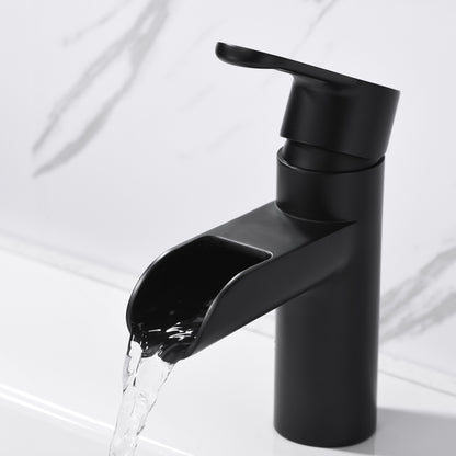 VividFall BSH16-SM Waterfall Single Hole Single Handle Bathroom Vessel Sink Faucet with Drain in Matte Black