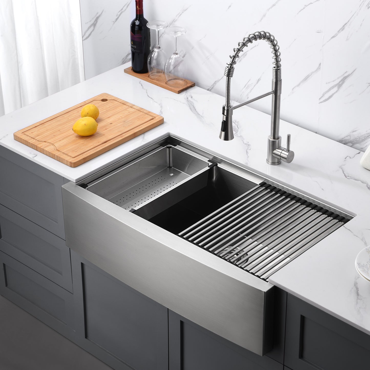 CFS36-18Z Farmhouse Apron-Front 18-Gauge Stainless Steel 36 in. Single Bowl Workstation Kitchen Sink with Accessories
