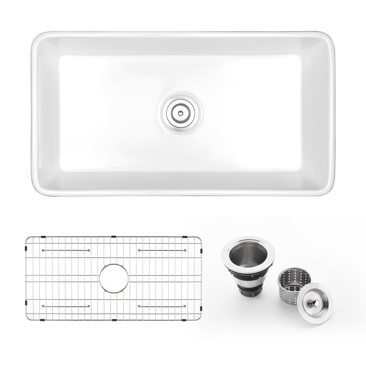 CK-001-33 33 in. Rectangular Farmhouse Apron Single Bowl White Ceramic Kitchen Sink with Grid and Strainer