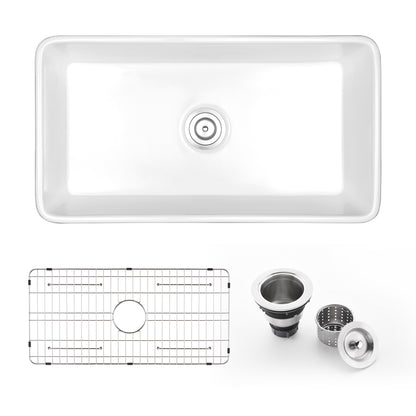 CK-001-33 33 in. Rectangular Farmhouse Apron Single Bowl White Ceramic Kitchen Sink with Grid and Strainer