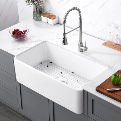 CK-001-33 33 in. Rectangular Farmhouse Apron Single Bowl White Ceramic Kitchen Sink with Grid and Strainer