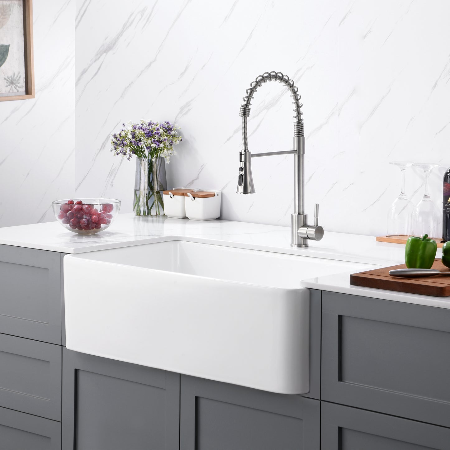CK-001-33 33 in. Rectangular Farmhouse Apron Single Bowl White Ceramic Kitchen Sink with Grid and Strainer