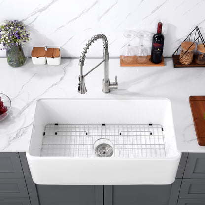 CK-001-33 33 in. Rectangular Farmhouse Apron Single Bowl White Ceramic Kitchen Sink with Grid and Strainer
