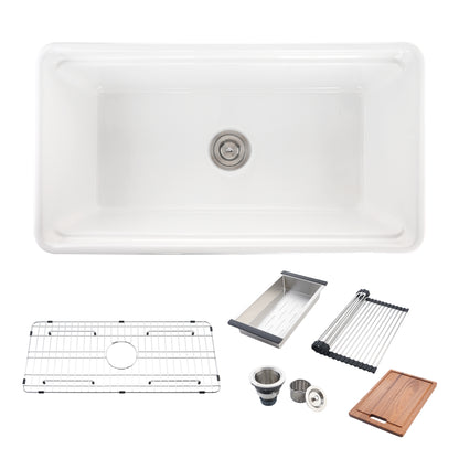 CK-002-33 33 in. Farmhouse Apron Single Bowl Ceramic Kitchen Sink Workstation with Grid, Strainer, Colander, Rack, Cutting Board