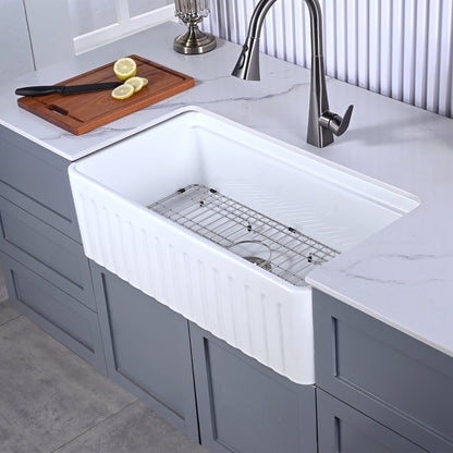 CK-002-33 33 in. Farmhouse Apron Single Bowl Ceramic Kitchen Sink Workstation with Grid, Strainer, Colander, Rack, Cutting Board