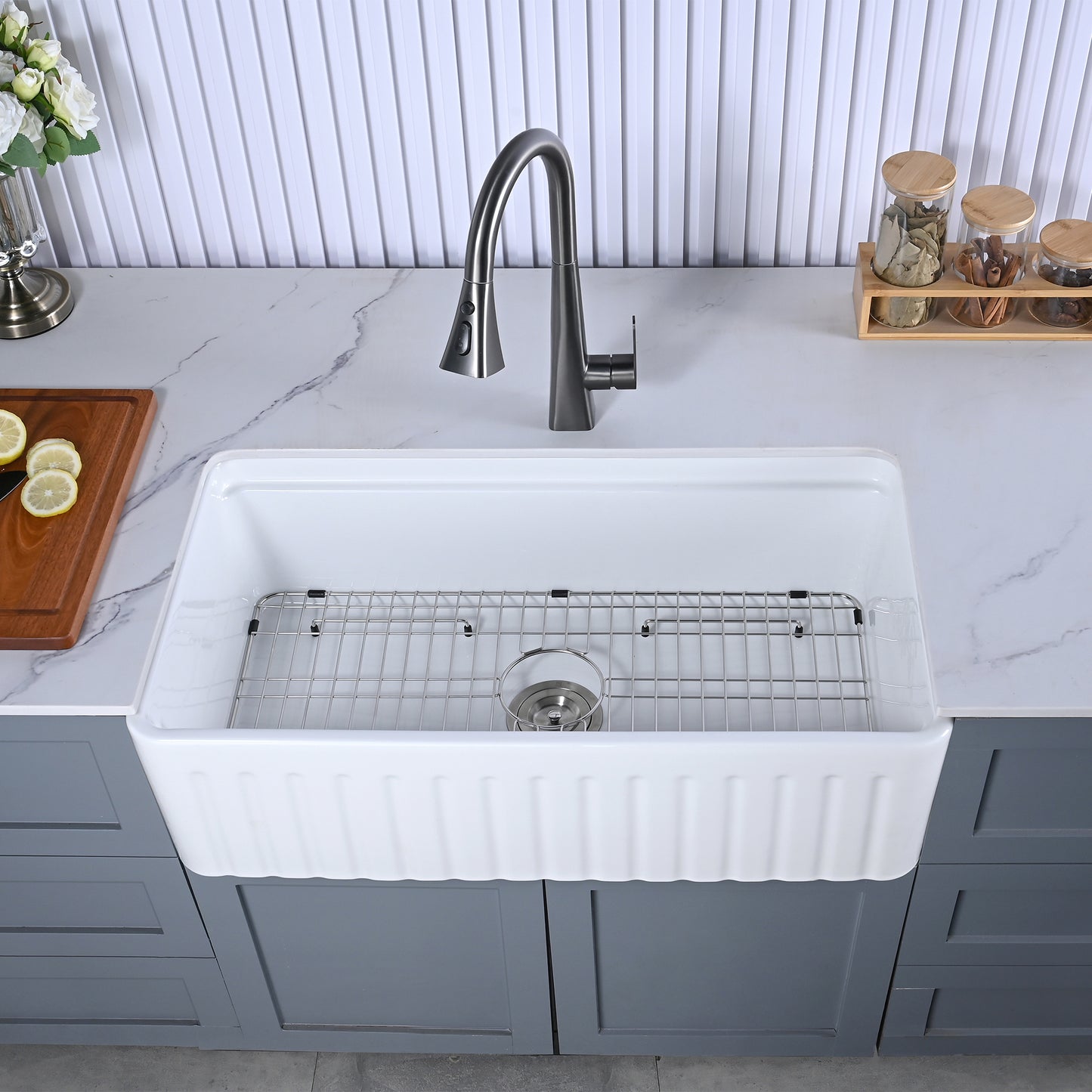 CK-002-33 33 in. Farmhouse Apron Single Bowl Ceramic Kitchen Sink Workstation with Grid, Strainer, Colander, Rack, Cutting Board