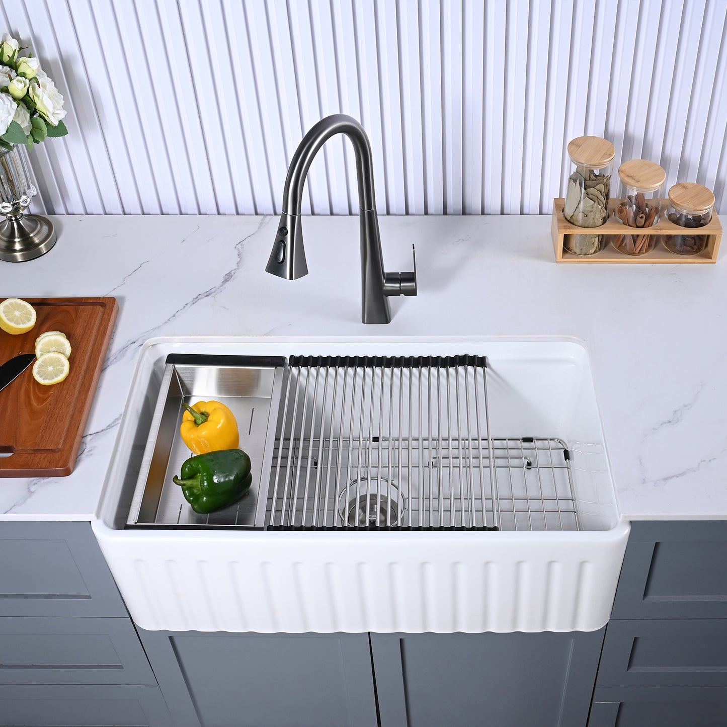 CK-002-33 33 in. Farmhouse Apron Single Bowl Ceramic Kitchen Sink Workstation with Grid, Strainer, Colander, Rack, Cutting Board