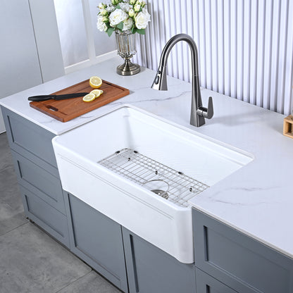 CK-002-33 33 in. Farmhouse Apron Single Bowl Ceramic Kitchen Sink Workstation with Grid, Strainer, Colander, Rack, Cutting Board